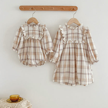 Western Style Plaid Pattern Sisterly Onesie & Dress