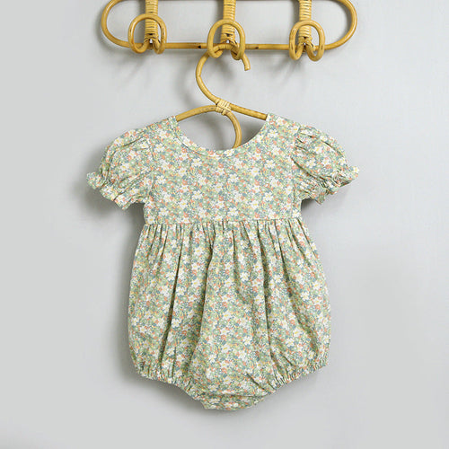 Baby Girls Floral Print Pattern Round Collar Puff Sleeves Onesies In