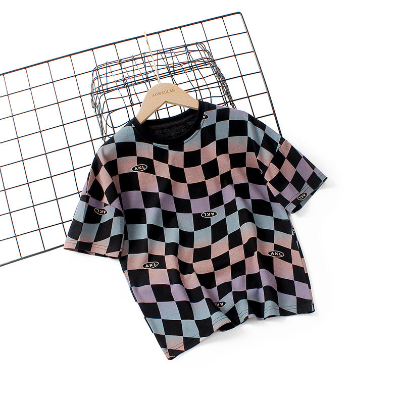 Baby Boy Checkerboard Pattern Short Sleeve Crewneck Tee