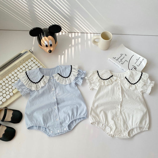 Baby Girl Solid Color Ruffle Neck Short Sleeve Onesies