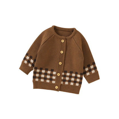 Baby Plaid Pattern Single Breasted Deisgn Knitted Cardigan
