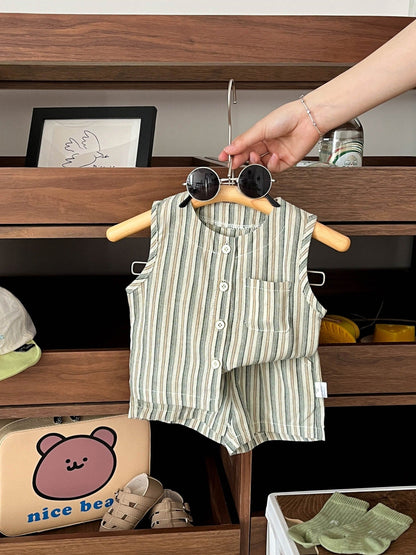 Summer Baby Kids Boys Striped Pattern Sleeveless Vest And Shorts