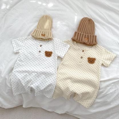 Baby Bear Pattern Dot Graphic Crewneck Rompers In Summer