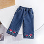Baby Girl Embroidered Pattern Thickened Fleece Denim Pants