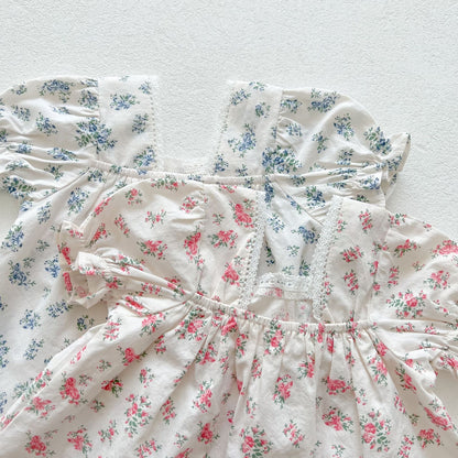 Baby Girl Floral Print Squared Collar Short Sleeved Dress Combo Short