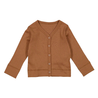 Baby Girl Solid Color Modal Cotton Pit Strip V-Neck Cardigan