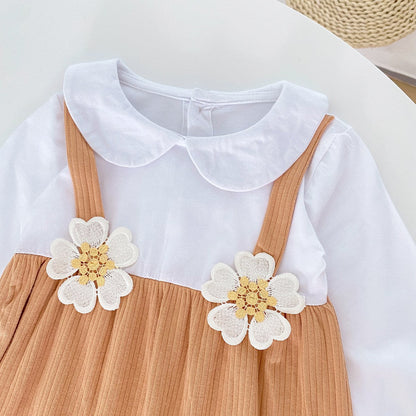 Baby Girl 3D Flower Patched Pattern False 1-Piece Design Doll Neck