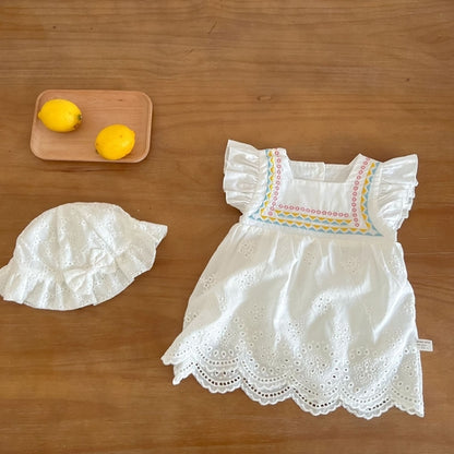 Baby Girls Embroidered Pattern Hollow Carved Design Dress With Hat In