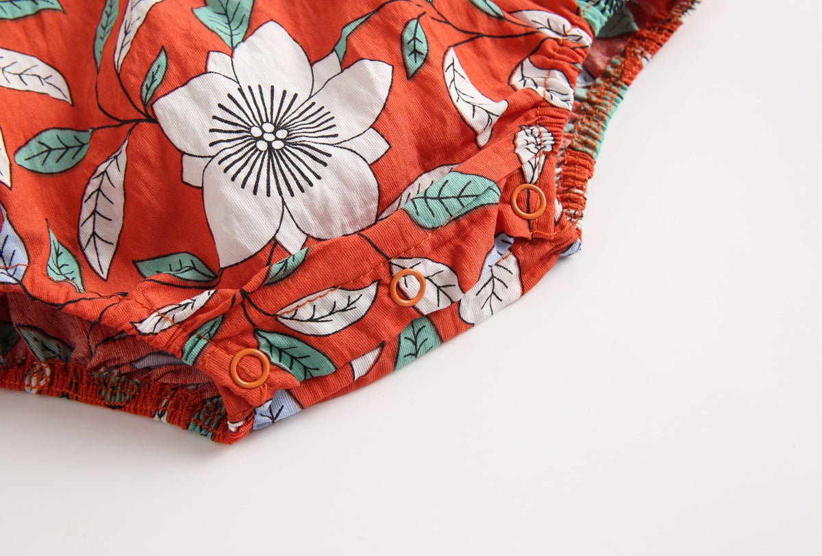 Baby Girl Floral Print Round Collar Long-Sleeved Cotton Onesies