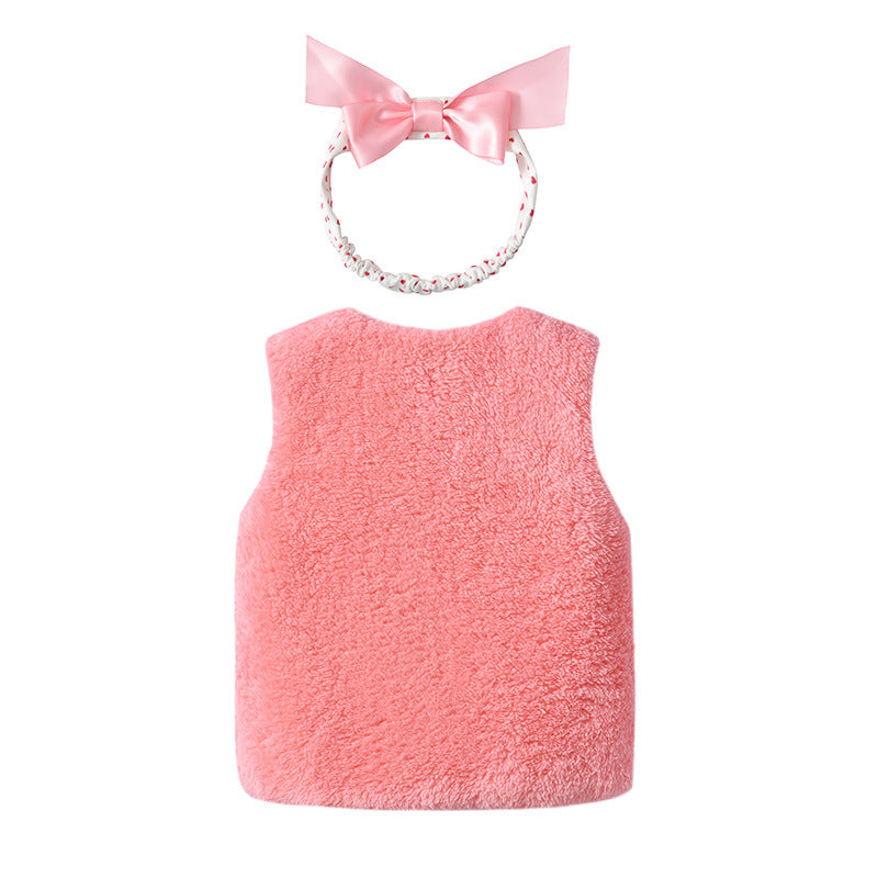 Baby Girl 1pcs Bow Tie Patched Design Sleeveless Coral Fleece Outing