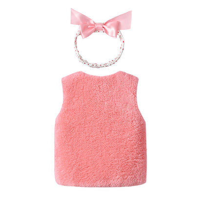Baby Girl 1pcs Bow Tie Patched Design Sleeveless Coral Fleece Outing