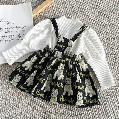 Baby Girls Solid Top Combo Cartoon Pattern Overalls Dress In Sets