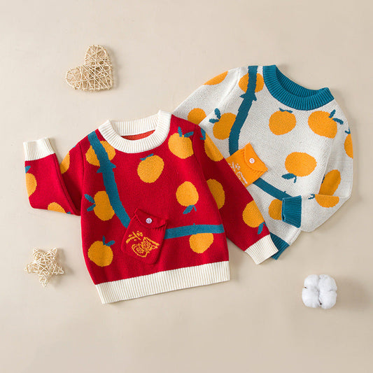 Baby Fruit Pattern False Bodycross Bag Design Pullover Sweater