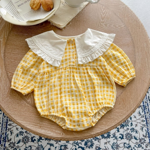 Baby Girl Yellow Plaid Pattern Ruffle Lapel Design Bodysuit