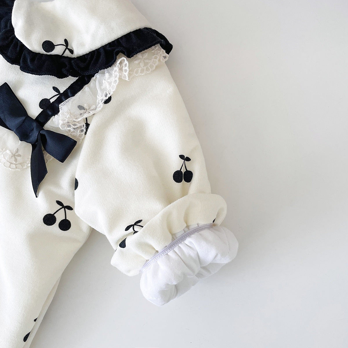 Baby Girl CHerry Pattern Mesh Patched Design Thermal Romper