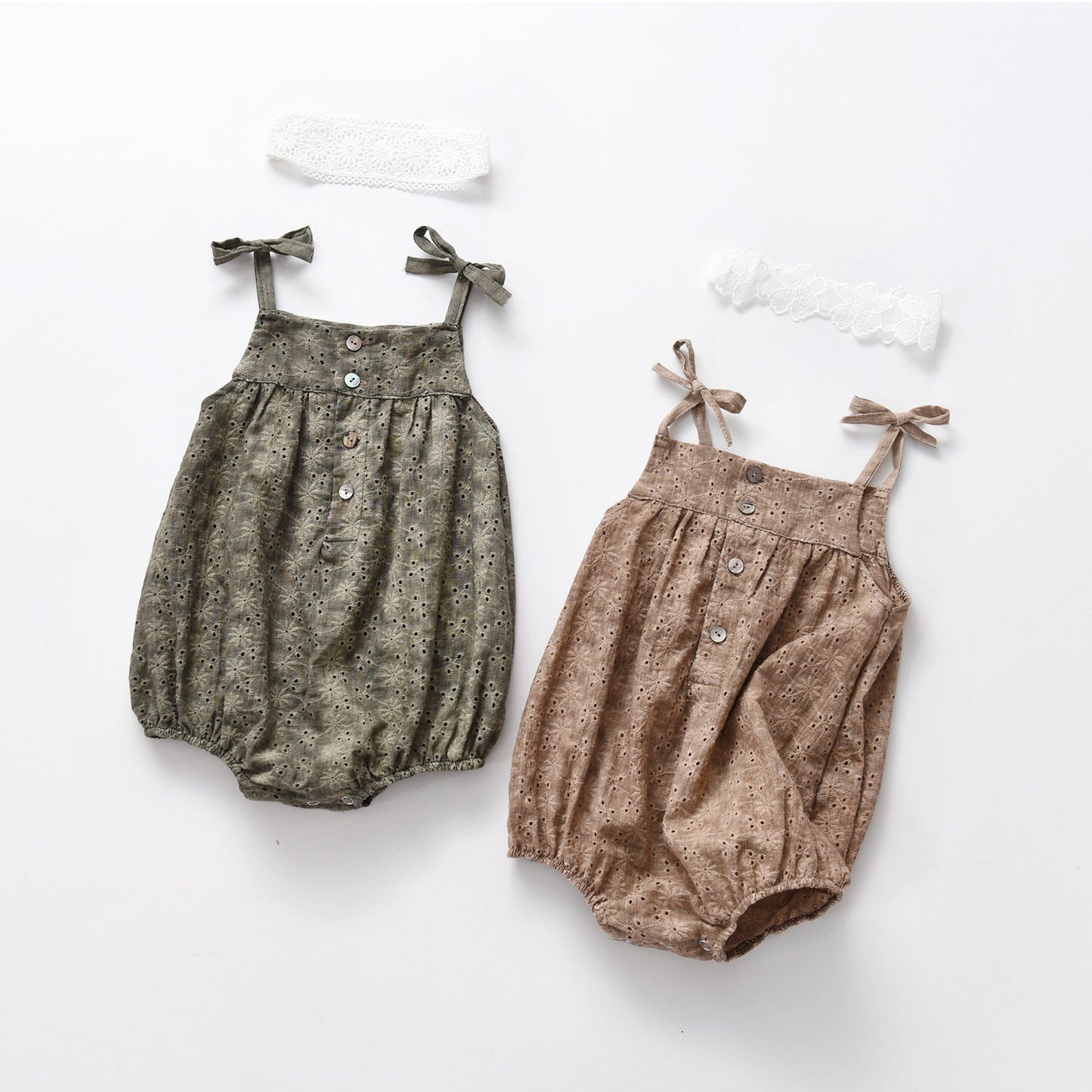 Baby Girls Solid Color Hollow Design Sleeveless Onesies With Bottons