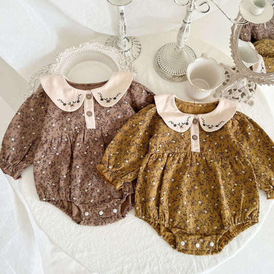 Baby Girl Floral Pattern Doll Neck Vintage Style Bodysuit