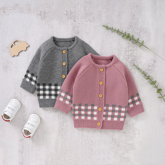 Baby Plaid Pattern Single Breasted Deisgn Knitted Cardigan