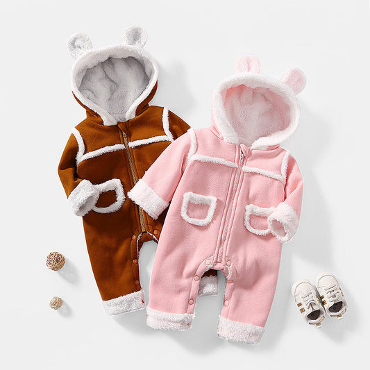 Baby Cute Long Sleeve Design Solid Color Thicken Warm Rompers With Hat