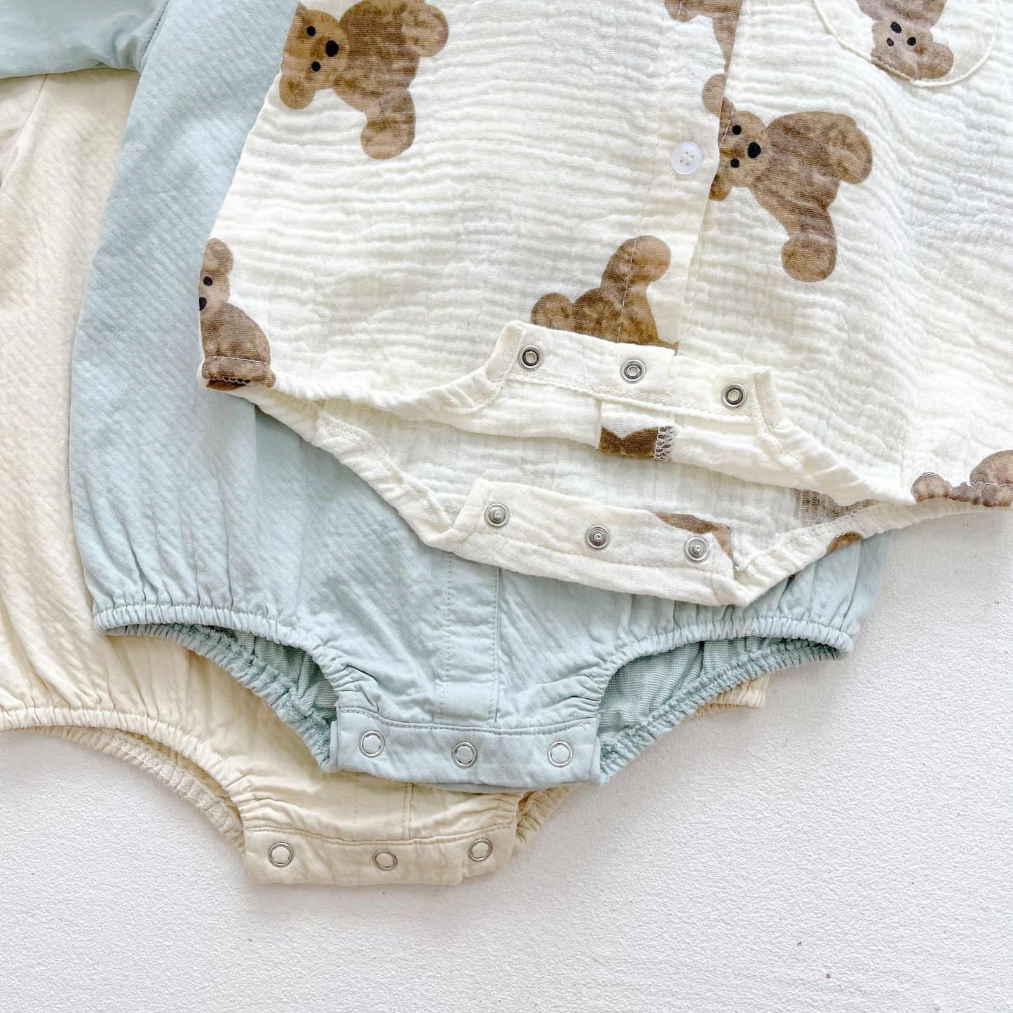 Baby Boy Solid Color & Bear Print Shirt Single Breasted Design