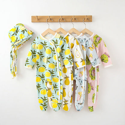 Baby Fruit Graphic Side Full Button Design Long Sleeves Covered Romper