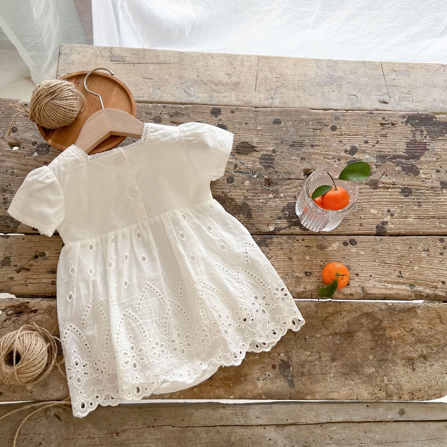 Baby Girl Solid Combo Embroidered Short-Sleeved Square Collar Dress