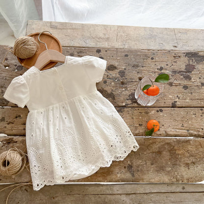 Baby Girl Solid Combo Embroidered Short-Sleeved Square Collar Dress