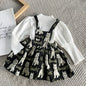 Baby Girls Solid Top Combo Cartoon Pattern Overalls Dress In Sets