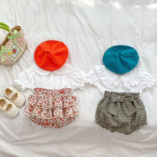 Baby Girl White Blouses With Floral & Plaid Pattern Skirts Sets