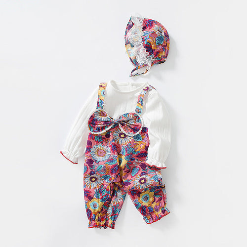 Baby Girl Floral Pattern Bow Decoration O-Neck Long Sleeves Strap