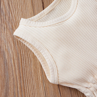 Baby Ribbed Knitted Graphic Belted Design Sleeveless Crotch Rompers