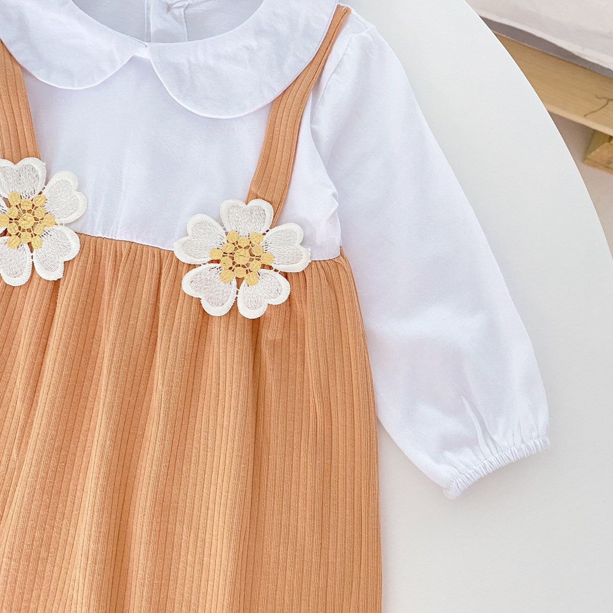 Baby Girl 3D Flower Patched Pattern False 1-Piece Design Doll Neck