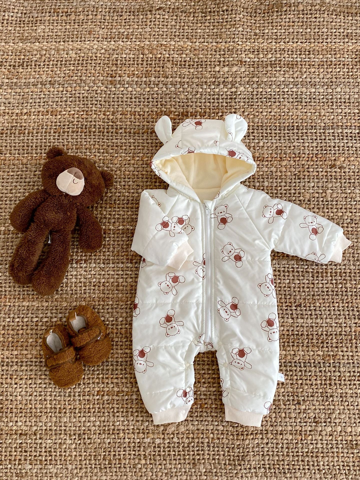 Baby Toddler Boy And Girl Bear Print Thicken Long Sleeve Jumpsuit