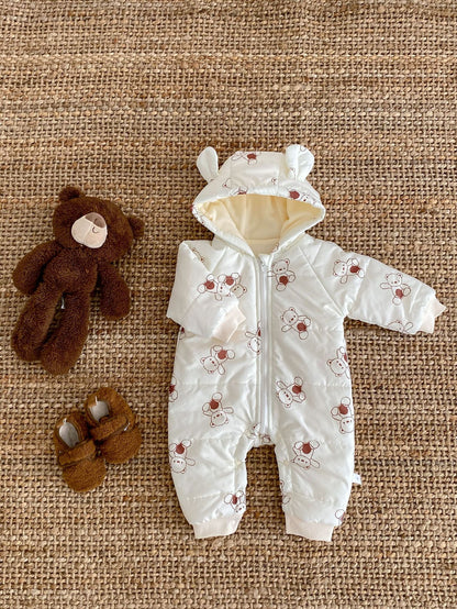 Baby Toddler Boy And Girl Bear Print Thicken Long Sleeve Jumpsuit