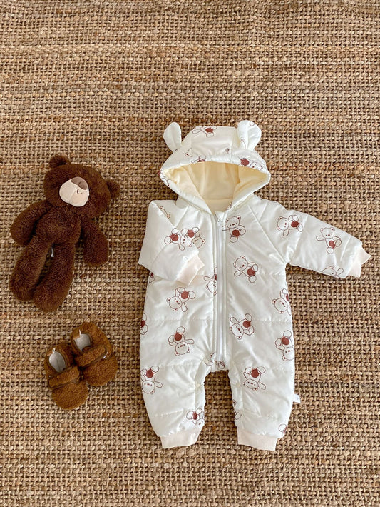 Baby Toddler Boy And Girl Bear Print Thicken Long Sleeve Jumpsuit