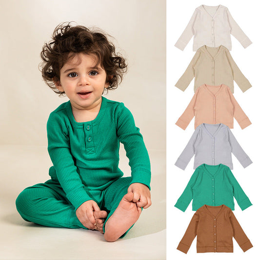 Baby Girl Solid Color Modal Cotton Pit Strip V-Neck Cardigan