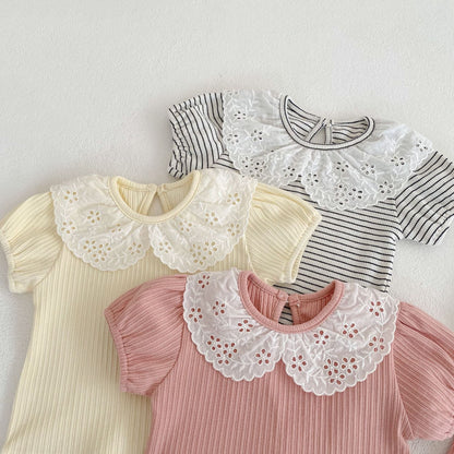 Baby Girl Solid Color Mesh Doll Neck Shirt With Pants Sets