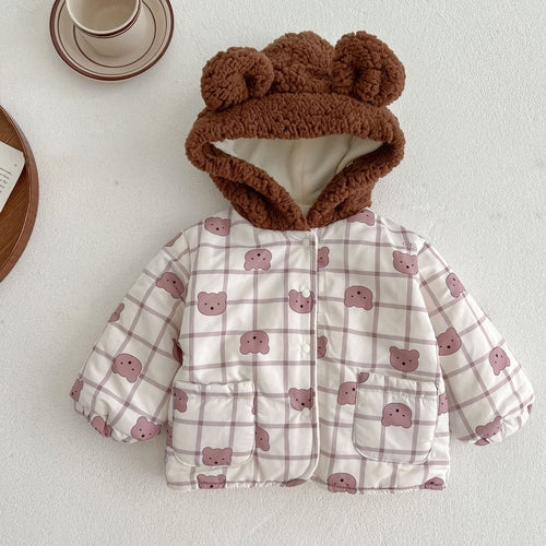 Baby Cute Bear Print Pattern Patchwork Hooded Padded Jacket