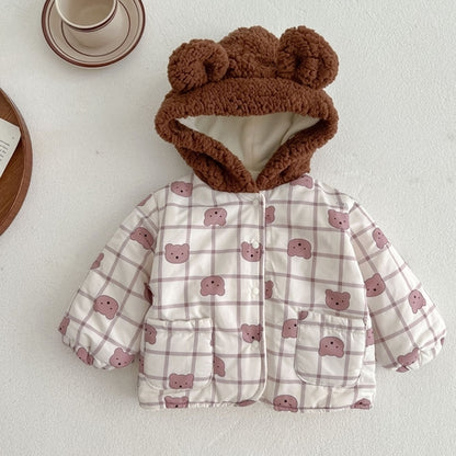 Baby Cute Bear Print Pattern Patchwork Hooded Padded Jacket