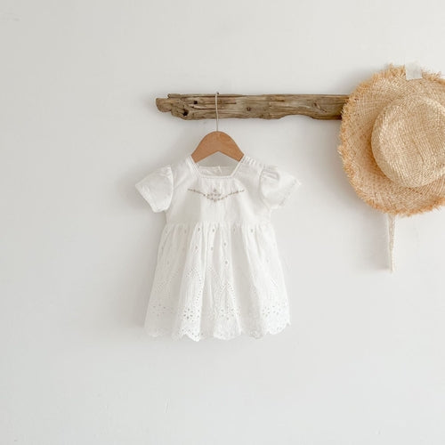 Baby Girl Solid Combo Embroidered Short-Sleeved Square Collar Dress
