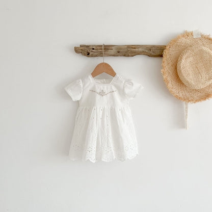 Baby Girl Solid Combo Embroidered Short-Sleeved Square Collar Dress