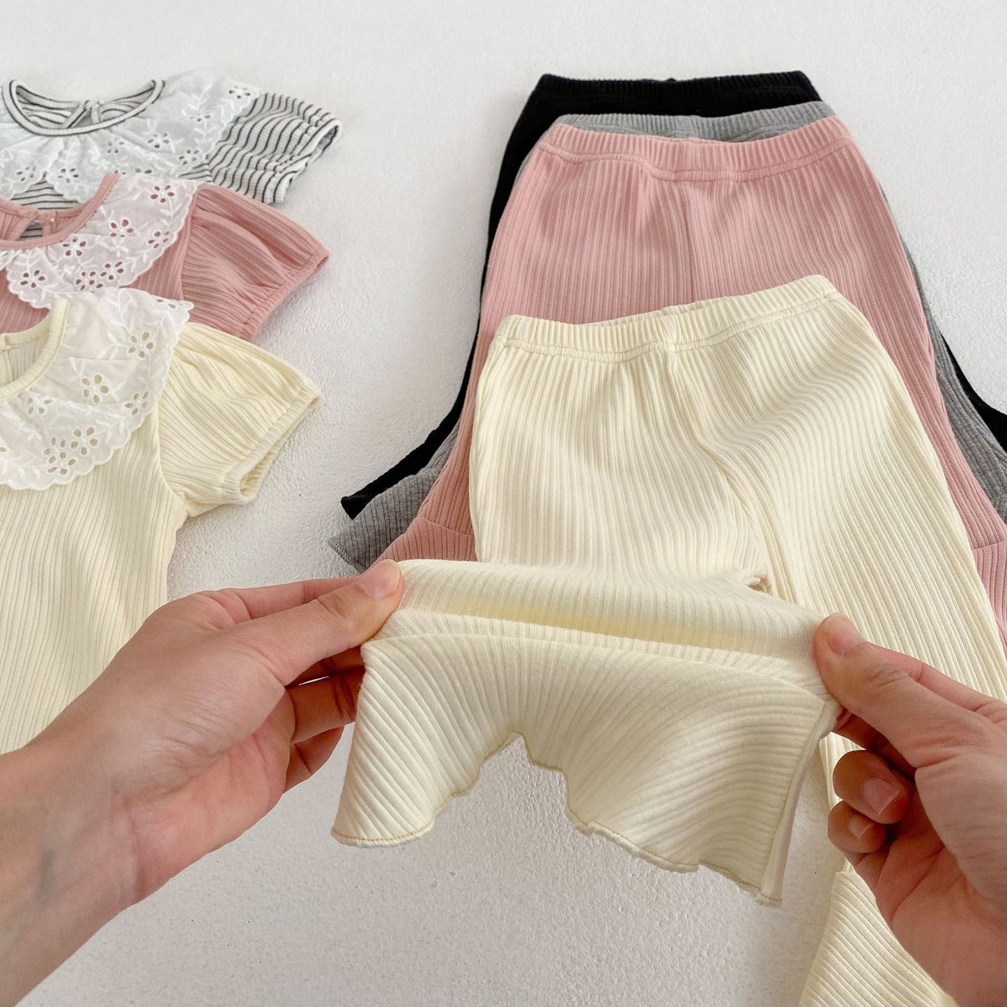 Baby Girl Solid Color Mesh Doll Neck Shirt With Pants Sets