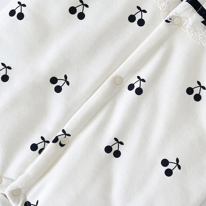 Baby Girl CHerry Pattern Mesh Patched Design Thermal Romper