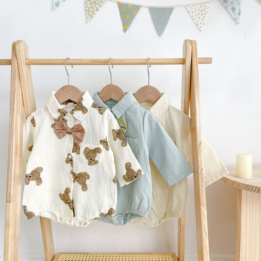 Baby Boy Solid Color & Bear Print Shirt Single Breasted Design