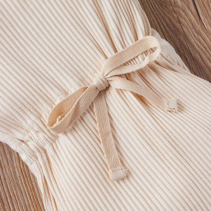 Baby Ribbed Knitted Graphic Belted Design Sleeveless Crotch Rompers