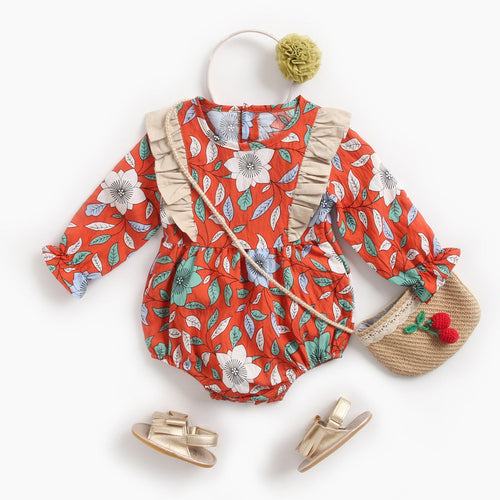 Baby Girl Floral Print Round Collar Long-Sleeved Cotton Onesies