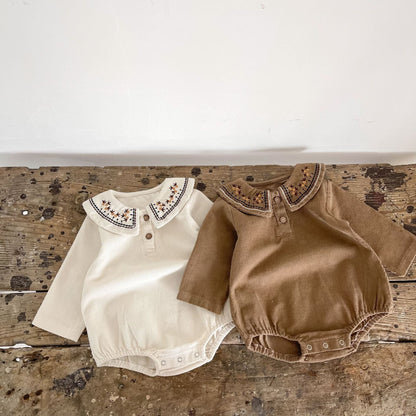 Baby Girl Embroidered Collar Long-Sleeved Corduroy Onesie