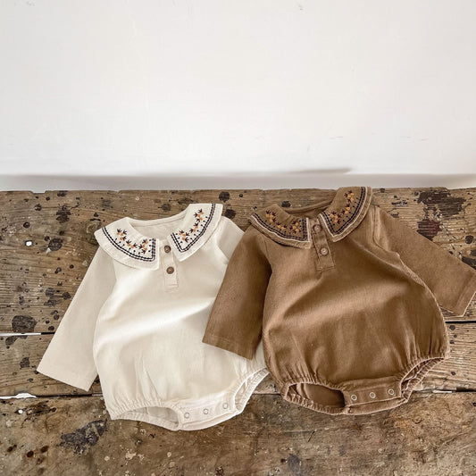 Baby Girl Embroidered Collar Long-Sleeved Corduroy Onesie