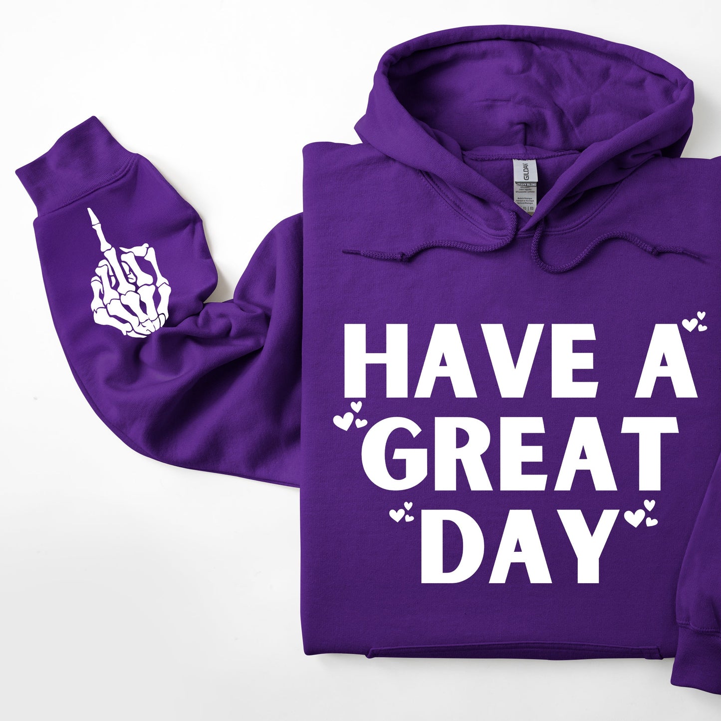 Have A Great Day Hoodie, Skeleton Middle Finger Sleeve Graphic, Sassy, Funny Hooded Sweatshirt