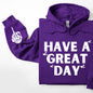 Have A Great Day Hoodie, Skeleton Middle Finger Sleeve Graphic, Sassy, Funny Hooded Sweatshirt